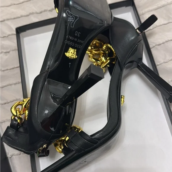 Versace Black Leather High Heels with Gold Chain Detail - Picture 2 of 5